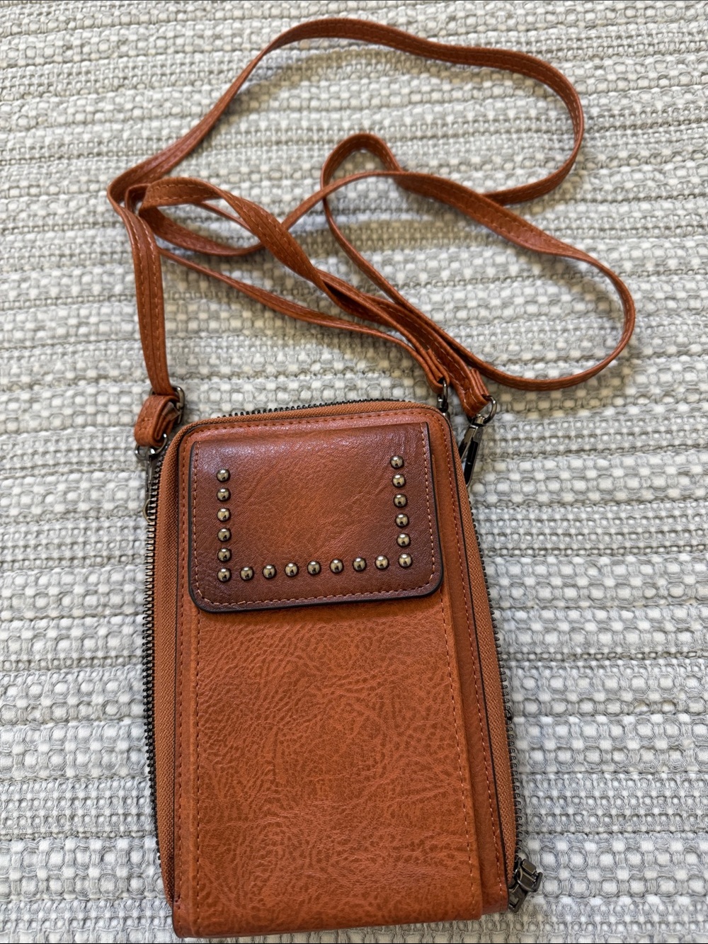 Stud-Accent Crossbody Messenger in Cognac Brown